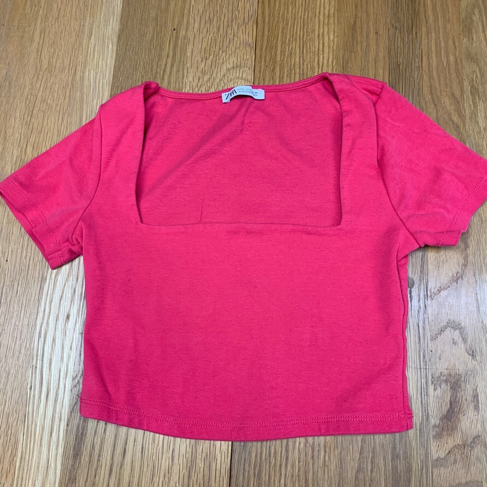 Zara Womens Pink Square Neck Short Sleeve Crop Top Tee‎ T-Shirt Size Large